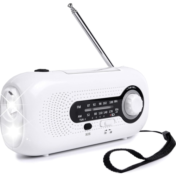 Wind Up Radio, Solar Hand Crank Portable Emergency AM/FM Weather Radio, 2000mAh Survival Radio white