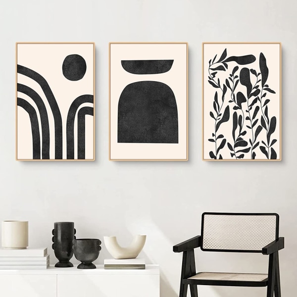 Sett med 3 abstrakte plakater svarte veggbilder moderne bilder uten ramme