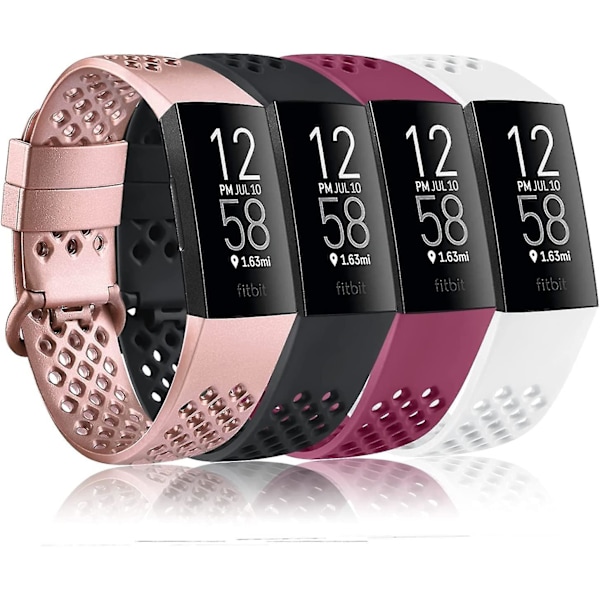 4-pack sportband kompatibel med Fitbit Charge 4-band och Fitbit Charge 3-band, silikonersättningsarmband för kvinnor och män (liten, roséguld/bl(