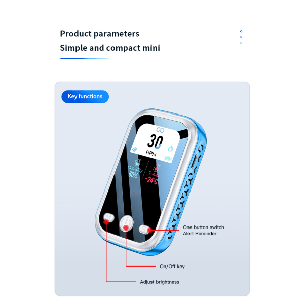 Kannettava hiilimonoksidimittari, tarkka CO-ilmaisin, 3-in-1 CO-lämpötila-kosteustesteri F