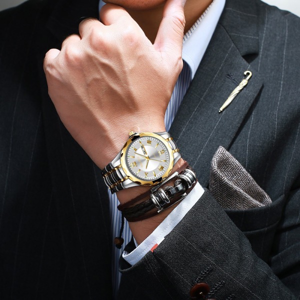 Herre Analog Quartz Ure To Tone Rustfrit Stål Casual Business Lysende Dato Vandtæt Ur til Mænd