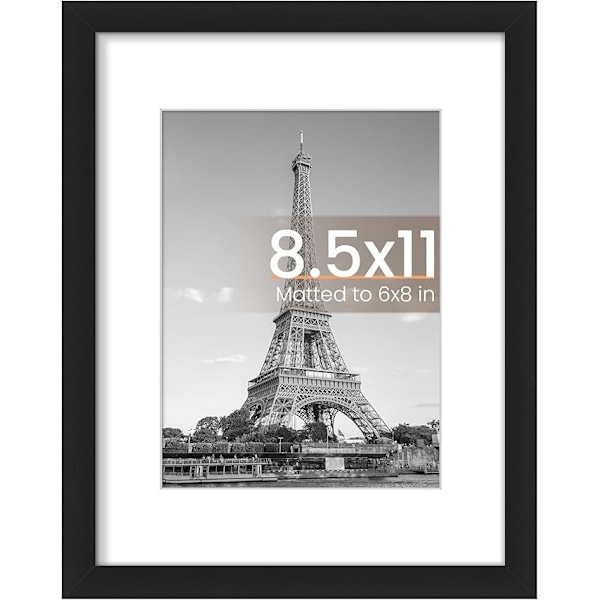 upsimples 8,5 x 11 Tavelram, Visa Bilder 6x8 med Passepartout eller 8,5 x 11 Utan, Väggmonterade Fotoramar, Svart, 1-pack