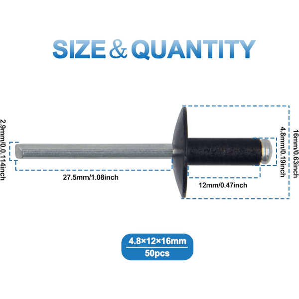 50 aluminium blindnagler med stor flens 4,8 mm x 12 mm, pakke med 50 (svart)