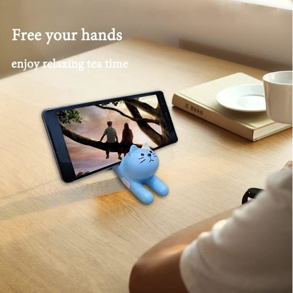 Pink Kat Smartphone Stativ til Skrivebord, Sød Kawaii Telefonholder til iPad, iPhone, Huawei, Samsung, Xiaomi, 2 i 1 Charmerende Dyrefigurer til Hjemmet Blue