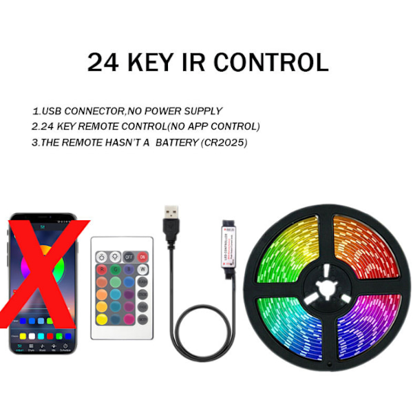 RGB LED ljusslinga USB 1/2/3/4/5M LED ljusslinga LED ljusslinga, 5V ljusslinga infraröd 24-knapps fjärrkontroll qd 5M