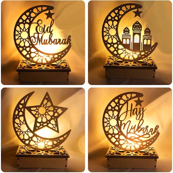 Træ LED lampe Ramadan dekoration Halvmåne stjernelys Muslim Islam Eid