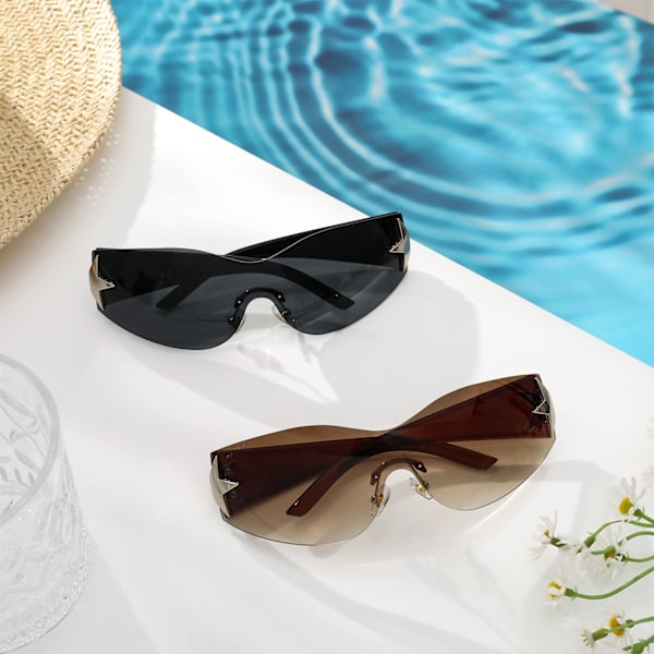 2 stk. Wrap Around Solbriller, Rimless Y2K Solbriller Retro Cykelbriller UV400 Beskyttelse Briller Futuristiske Solbriller