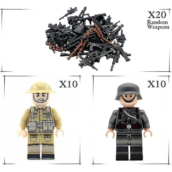 20 soldater + vapen minifigurer WW2 set, armévapen