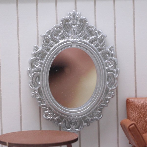 Mini House Mirror Dukkehus Miniatyr late leke-pynt Klassisk speildekorasjon（7,5X5,5X0,7CM，Sølv1）