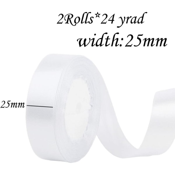 2x22m hvitt bånd 25mm for gaveinnpakning,satengbånd Hvitt julebånd Dekorativt for å lage hårsløyfe Bryllupskakepynt