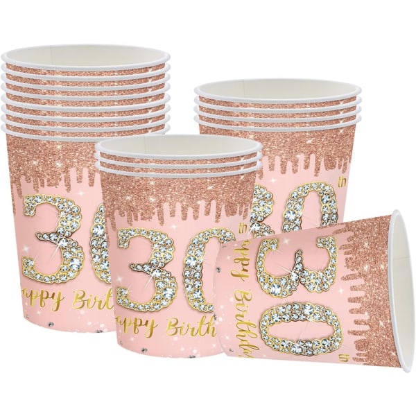 Tillykke med 30 års fødselsdag Papirkopper Rose Guld, 16 stk Kvinders fødselsdagsfest kopper