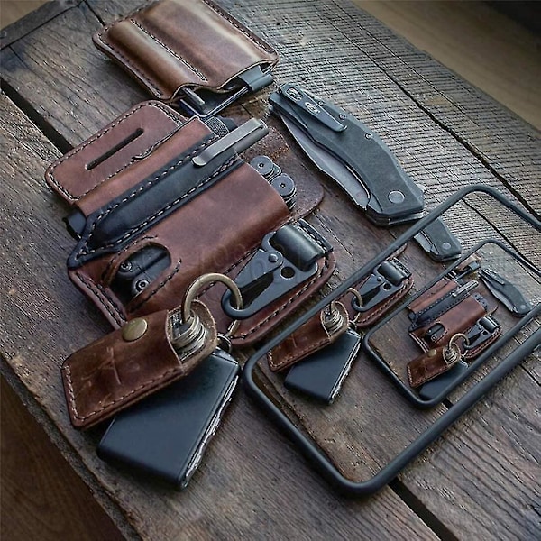 Bältesmultiverktygsfodral Läder EDC Verktygsficka för Män Fodral med Pennhållare Nyckelring Ficklampa EDC Läderficka Brun 1st