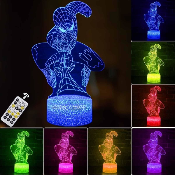 WJ 3D Illusion LED-lampa Superhero 3D Nattlampa för barn 16 färgskiftande Touch och fjärrkontroll Dekorationslampa för pojkar Flickor Julklappar Spiderman
