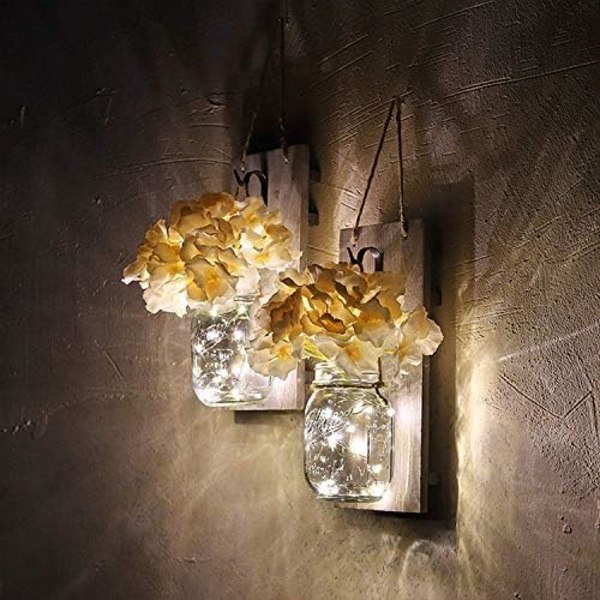 Harmaa rustiikkinen Mason-purkkilamppu kodin sisustukseen, tyylikäs riippuva koristepurkki LED-valaisimilla, silkkihortensia (beige)
