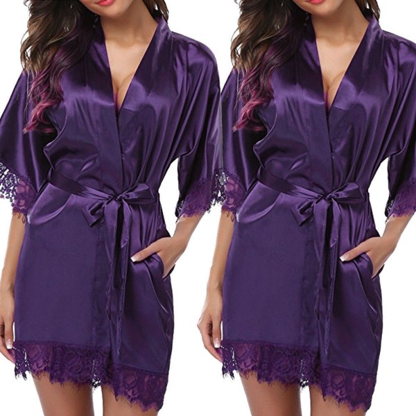 Damunderkläder Robe, Satin Sovkläder Spets Kimono Sexiga sidanrockar Purple Purple XXL