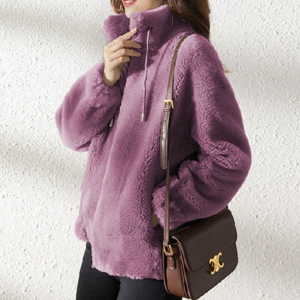 Kvinnors Fleece Fluffy Teddybjörn Rock Plain Pocket Jacka Ytterkläder Lila Purple L