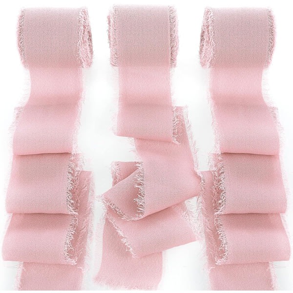 Ruller 1,5" håndlavet frynser chiffon silkebånd Flossede kanter bånd til bryllupsinvitationer, brudebuketter, gaveindpakning (pink)