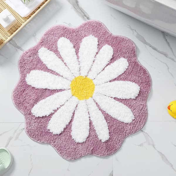 Søtt baderomssteppe, blomsterteppe, vannabsorberende sklisikkert teppe_xx Purple