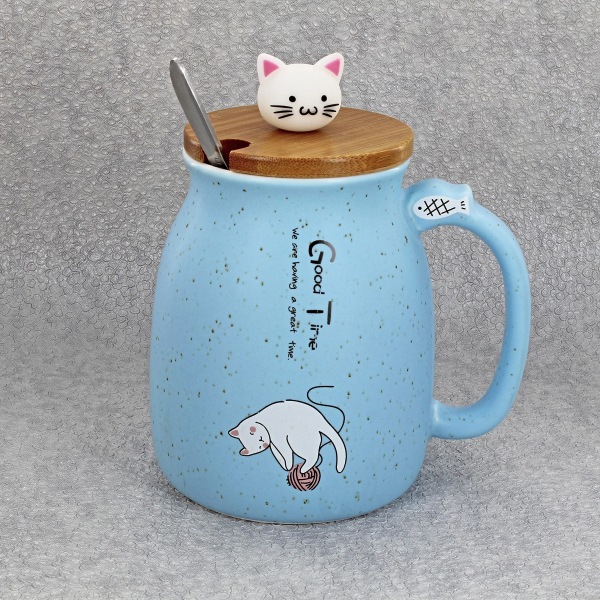 Sød kat te kaffe 500 ml keramisk krus med trælåg og metalske, nyt service til morgen- og aftendrinks (blå)