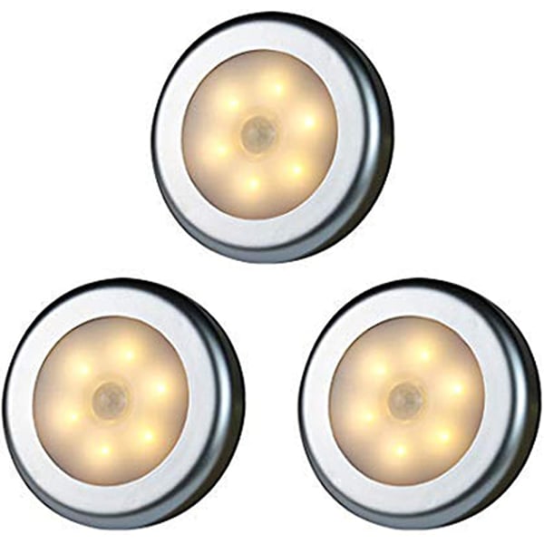 Trådlös rörelsesensor LED-ljus för garderob, trappor, hall, kök, sovrum (3st) (Silverskal (varmt ljus)