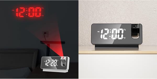 Digital projektorväckarklocka med 360° spegeldisplay, temp/luftfuktighet black