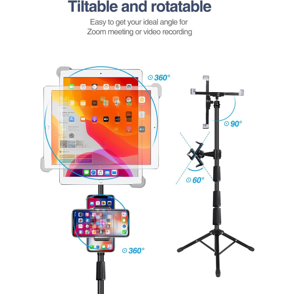 iPad-stativ, höjdjusterbart iPad-stativ & golv-iPad-stativ med 360° roterande iPad-fäste