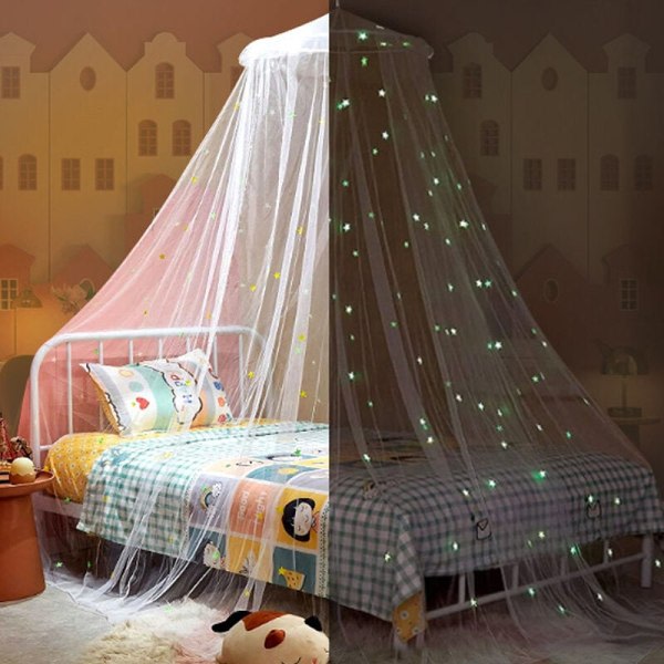 Pimeässä hohtava sängyn katos neontähdillä tytöille ja lapsille. Riippuva katossänkyteltta. Yksinkertainen asennus.