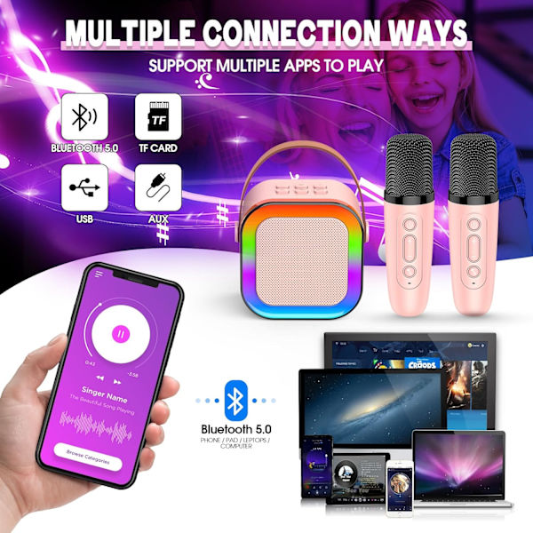 Karaokemaskin med 2 mikrofoner, för flickor 3-15 år, leksaker, mikrofonleksaker för flickor, födelsedagspresenter pink