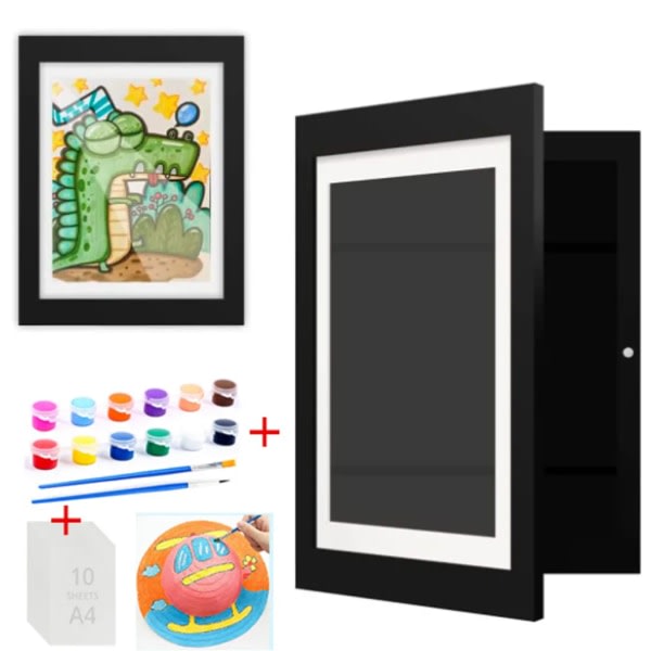 Plastfotoramme +10x A4-papir & 12-farger DIY-pigment + 2x kunstverksett, visningsramme for barn, svart A4-fotoramme for 50-150 kunstverk