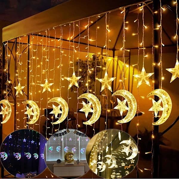 Eid Ramadan LED-gardinlys Fairy Lights EU-plugg varmhvit