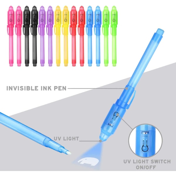14 hemliga pennor med UV-ljus, osynlig skrift, Spy Invisible UV Pens detektiv födelsedagsfest tillbehör Festväskor Filler för pojke Kid Flicka Barn