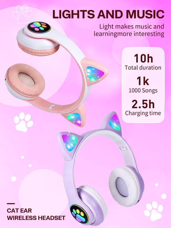 Flash Light Cute Cat Ears Wireless Earphones with Mic Can Control LED Purple