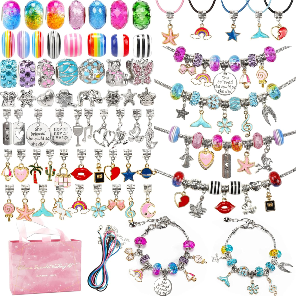 130 delar Tillverkningssats för berlockarmband inklusive smyckenspärlor Ormkedjor, gör-det-själv hantverk för flickor