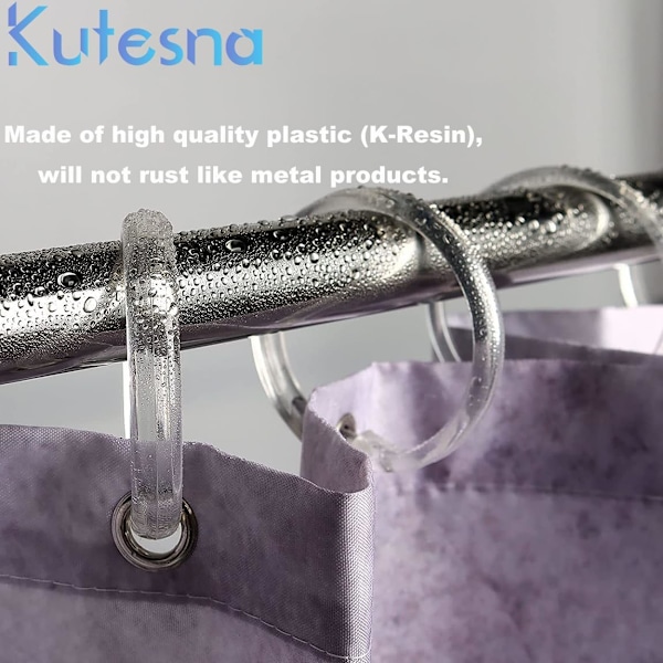 12 st transparenta duschdraperiringar i plast, duschdraperikrokar med enkelt snäpplås