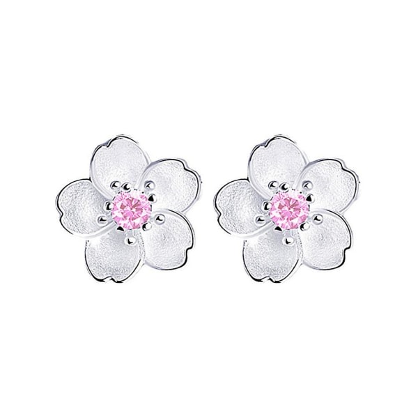 Silver Sakura Stud Earrings Adorable Oriental Cherry Studs Pretty Silver Stud Earrings (Pink Diamond) (1*1cm, Pink)