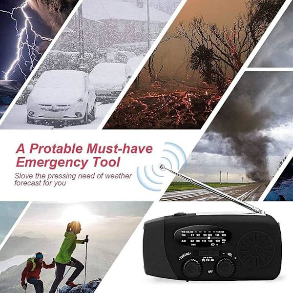 Käsikäyttöinen hätäradio LED-taskulampulla hätätilanteita varten, AM/FM kannettava sääradio Power Bank -puhelimen latauksella, USB-ladattava