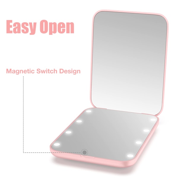Fickpegel, LED Kompakt Spegel, 1x/2x Förstoringsspegel med Ljus, 2-sidig Handhållen Magnetisk Brytare Vikbar Liten Rese Sminkspegel (Rosa)_xx