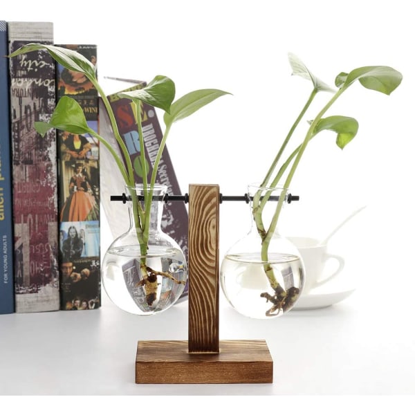Vintage hydroponiske vaser, gjennomsiktig vase, tre- og glassramme for bordplanter, dekorasjon for bonsai, C - 2 pære vase., 11,5 x 13,5 cm
