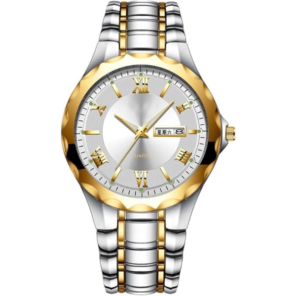 Herre Analog Quartz Ure To Tone Rustfrit Stål Casual Business Lysende Dato Vandtæt Ur til Mænd