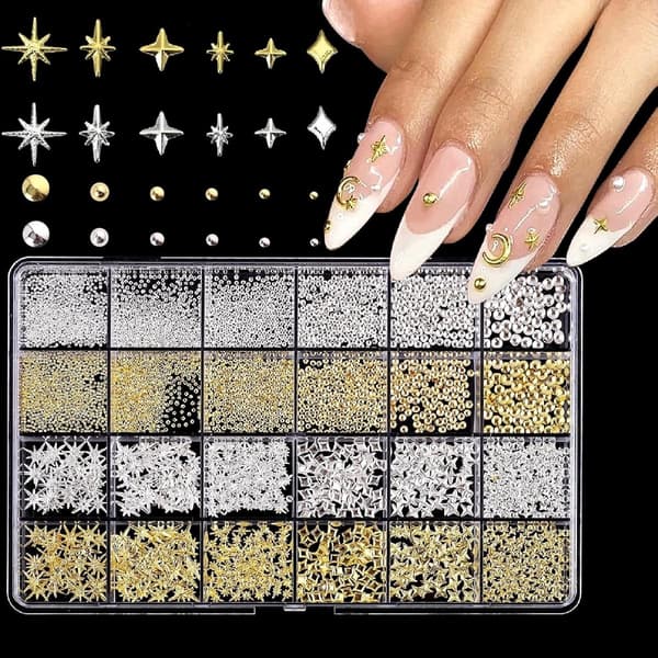 3D Stjärn- och Kaviar Pärlor Nageldekor - Guld och Silver Multi-Form Design för Elegant Manikyr