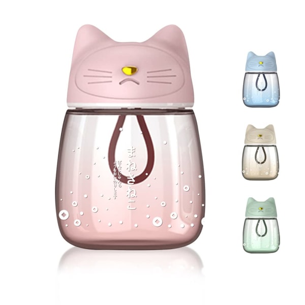 300 ml lasinen vesipullo kissankorvien kannen kanssa, silikoniköysi söpö vesipullo, tiivis lasinen juomapullo, helppo kuljettaa, uudelleen käytettävä (vaaleanpunainen)