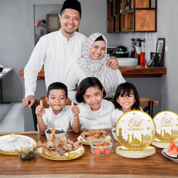 Eid Mubarak-dekorasjoner til hjemmet 24 porsjoner med festivalpapirtallerkener, desserttallerkener, servietter