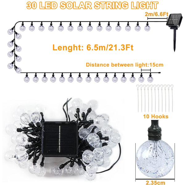 Solcellslingor - 30 LED kristallsolcellslingor för utomhusbruk i utomhusbruk, terrass, balkong, träd, dekoration, festival