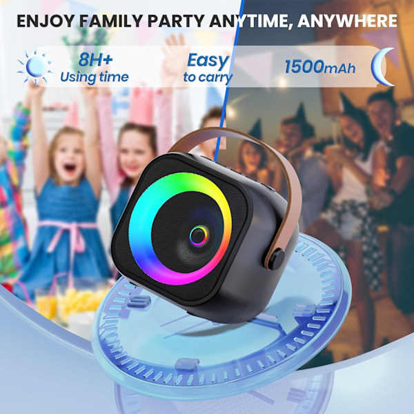 Mini Karaoke-maskin, Bärbar Bluetooth Karaoke-högtalare med 2 Trådlösa Mikrofoner och Partyljus för Barn och Vuxna, Födelsedagspresenter