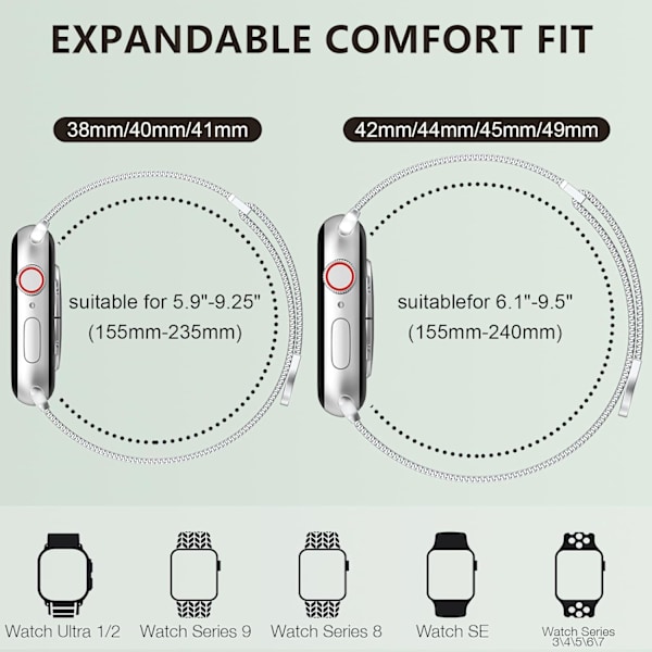 Marge Plus Apple Watch Rem til Kvinder og Mænd, Rustfrit Stål Mesh Loop Magnetisk Spænde Udskiftning til iWatch Remme (41mm/40mm/38mm, Sølv).