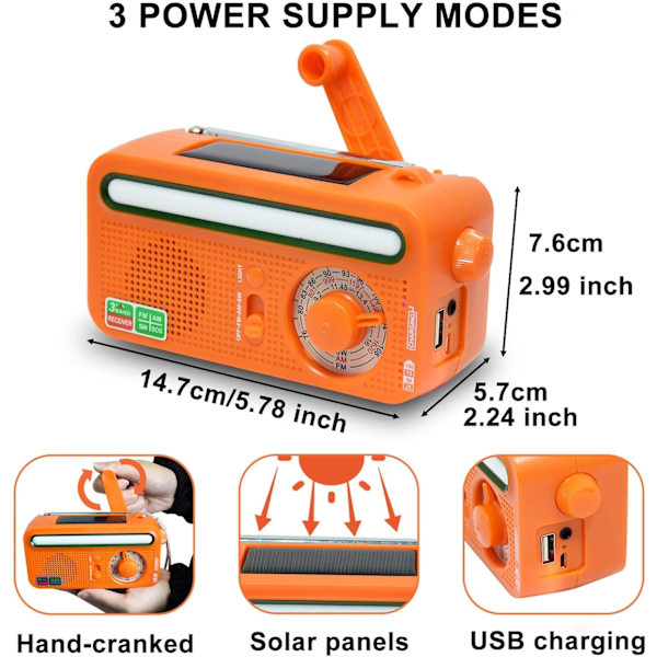 Nød Håndsving Radio Bærbar Solradio, AM/FM 2000mAh Genopladelig Dynamo Radio