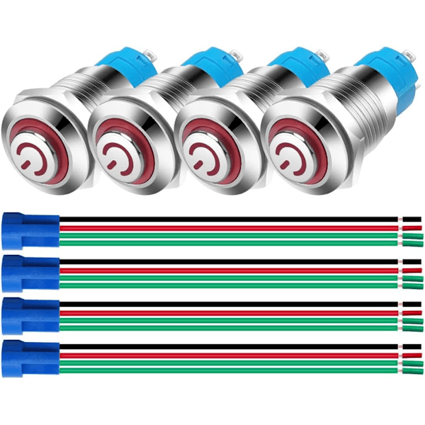 4 kpl 12 mm ruostumattomasta teräksestä valmistettuja itselukittuvia painonappikytkimiä 3V-5V