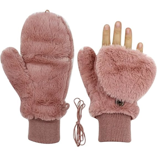 Vinterhansker for kvinner, myke og fluffy, vindtette fleece-hansker med varm vott-deksel for jenter pink