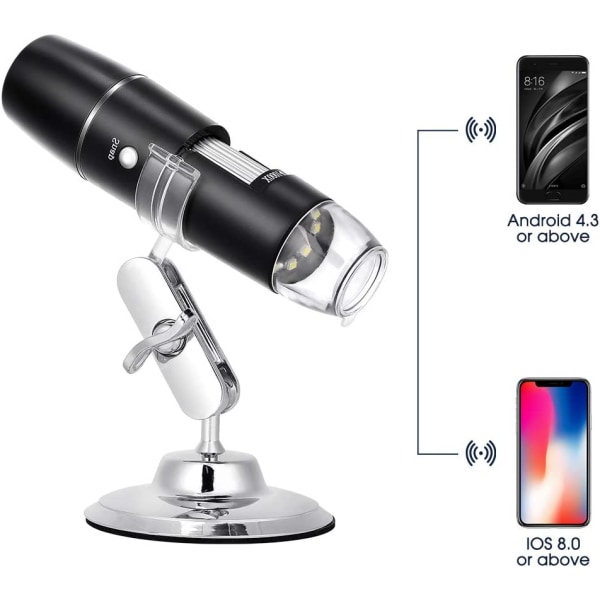 USB digitalt mikroskop, 50X-1000X bærbart WiFi-endoskop med 8 HD LED-endoskop, metalstativ, kompatibelt med Android og iOS Sm