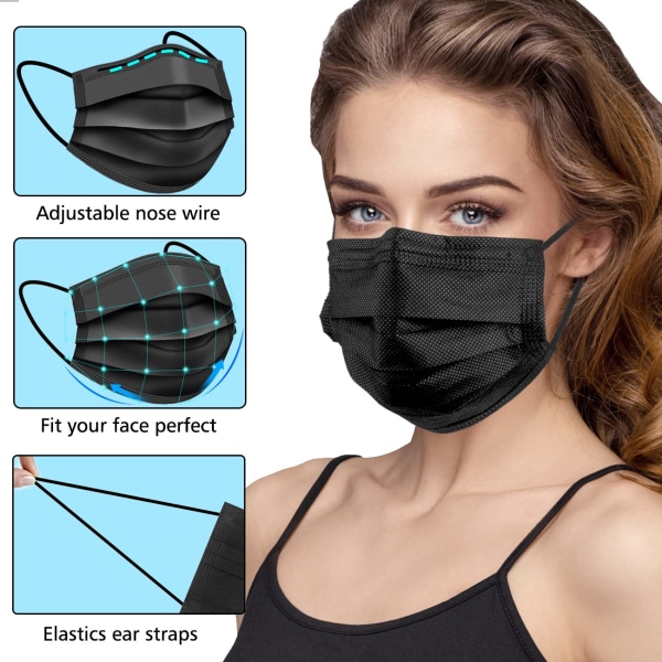 Svarte engangsansiktsmasker, 100 pakke svarte ansiktsmasker 3-lags filterbeskyttelse